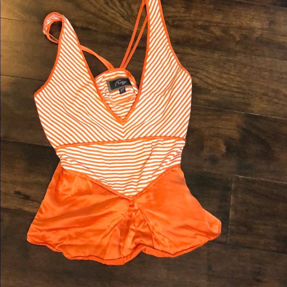 Fray orange & white striped peplum tank M  silk